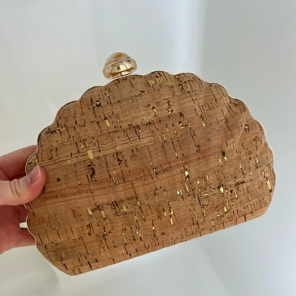 Cork Clamshell Clutch with Gold Accents - Picture 1 of 4